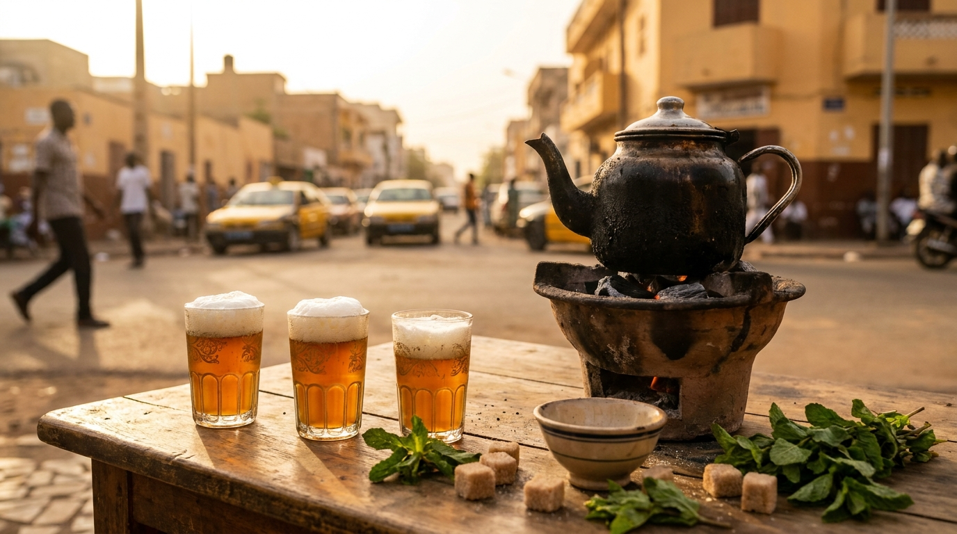Cérémonie attaya sénégalaise — trois verres de thé vert avec mousse dorée et théière sur brasero